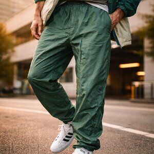 Mens Vintage 90's Retro Green Shiny Nylon Jogger Track Pants